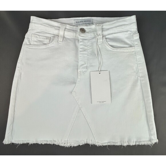 Flying Monkey Black Label White Raw Hem Denim Jean Mini Skirt Size 25 NWT - Picture 1 of 9